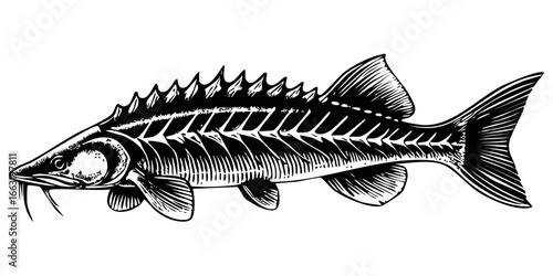 Sturgeon side view fish silhouette. Vintage art style vector illustration. Black caviar delicacy fish.  Sturgeon logo, sign, graphic, symbol
