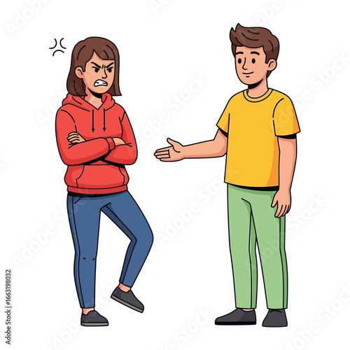 Illustration: Confrontation and Understanding: An expressive cartoon depicts a tense moment as a displeased woman stands with arms crossed, while a man extends a hand.
