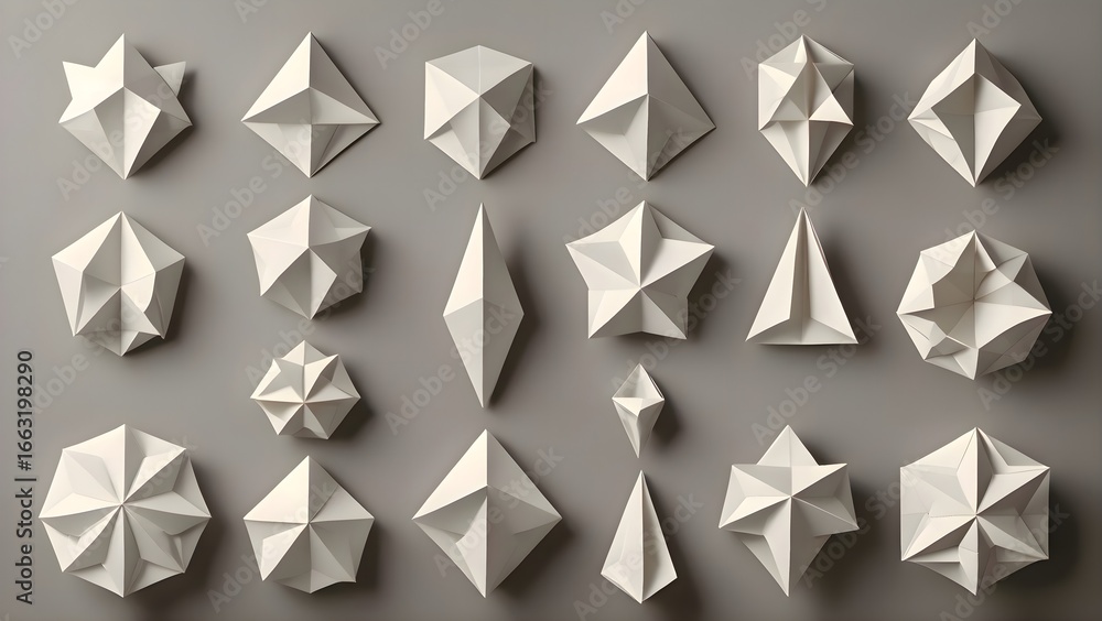 Obraz premium Origami paper pieces hanging on a wall in various colors and folds, showing intricate paper craftsmanship, texture details, artistic arrangement, and decorative creative patterns