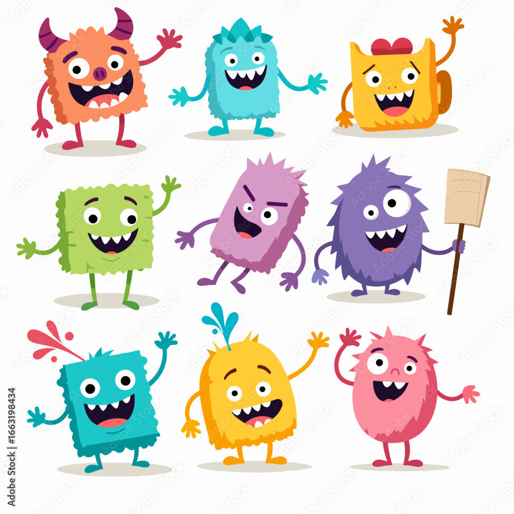 Fototapeta premium Funny cartoon monster faces set. Illustration of monsters or aliens different expression. Halloween design. Vector isolated