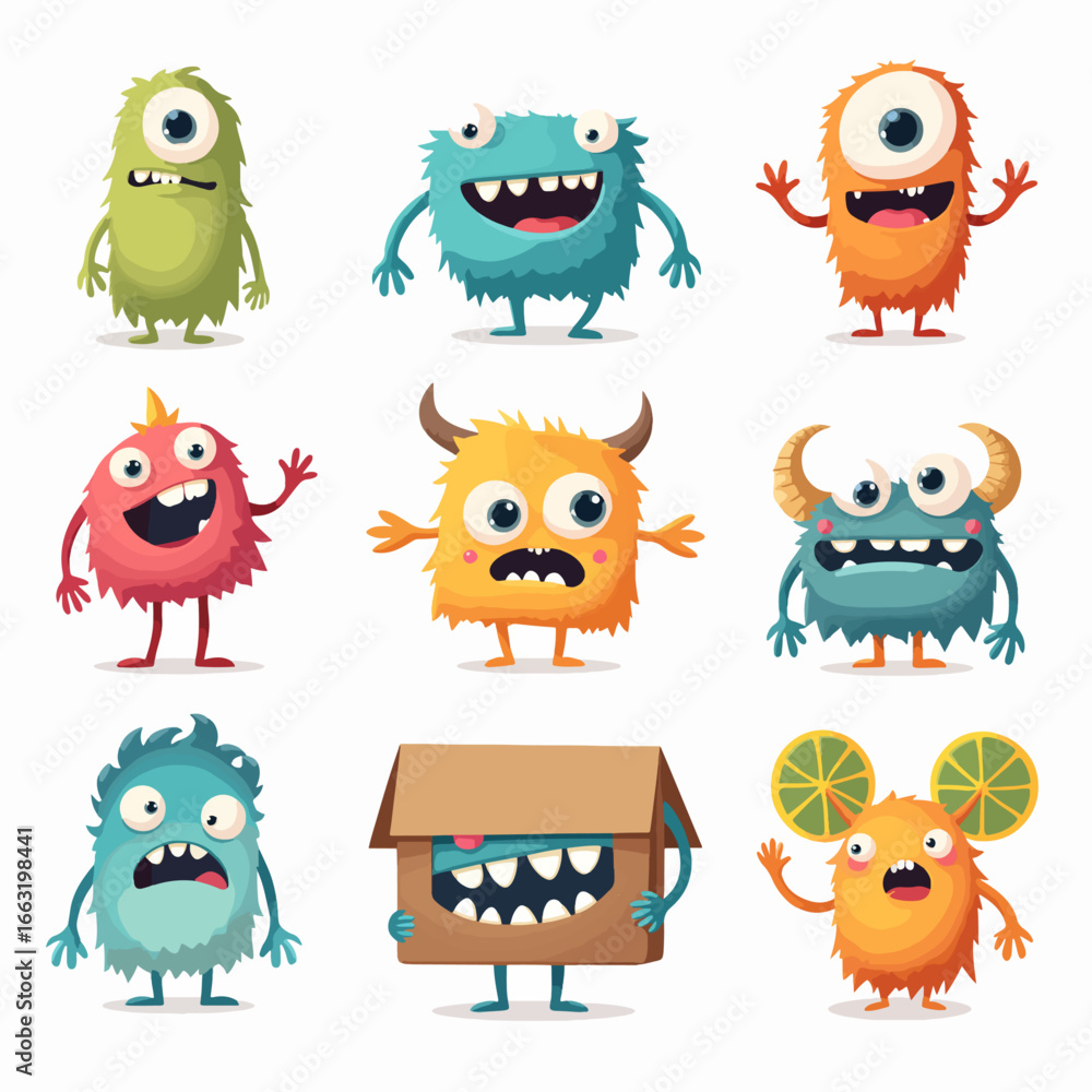 Fototapeta premium Funny cartoon monster faces set. Illustration of monsters or aliens different expression. Halloween design. Vector isolated