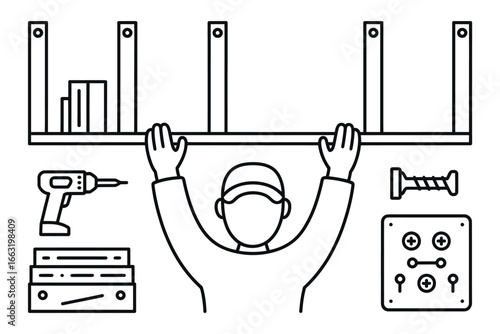 Man assembling a bookshelf with tools like a drill and screws in a line art style illustration