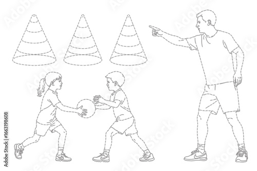 A coach instructing children passing a ball with cones in the background in a line drawing style image