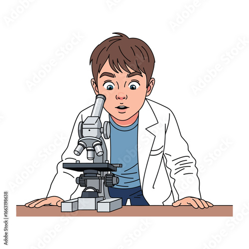 Curious Scholar at Microscope: An inquisitive young scholar, captivated by scientific exploration, peers intently into a microscope, revealing his genuine wonder.