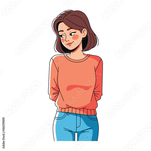 Portrait of a Woman: This vibrant vector illustration showcases a cheerful young woman, radiating confidence and serenity. Dressed casually, she projects an approachable aura with a friendly smile.