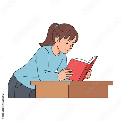 Girl Reading Book: Capturing a moment of quiet focus as a young woman reads a book, engrossed in a world of her own at the desk
