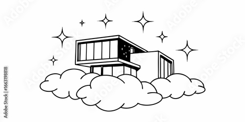 Modern house floating on clouds surrounded by stars in a minimalist black and white line drawing style on transparent background