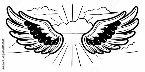 Illustration of symmetrical wings with cloud and rays emanating from the center in black and white style on transparent background