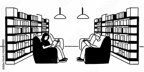 Two people reading in armchairs surrounded by bookshelves under hanging lights in a library setting on transparent background
