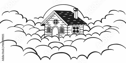 A whimsical house nestled among fluffy clouds with a sun behind it in a black and white illustration on transparent background