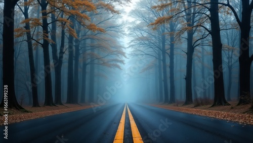 Road bisects a misty forest scene with autumn foliage, evoking a sense of mystery and solitude.