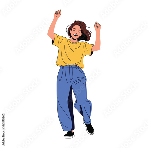Joyful Moment of a Cheerful Woman: Illustrating the essence of pure glee and happiness, this vibrant illustration depicts a cheerful woman, celebrating a joyous occasion with arms raised. 