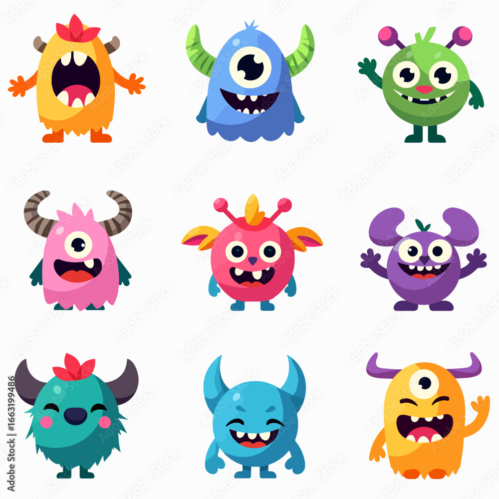 Naklejka premium Big Set of isolated funny friendly monsters or Aliens. Cosmic monsters collection. Mascot characters. Kids funny character design for nursery, posters, cards., magazines. Vector illustration