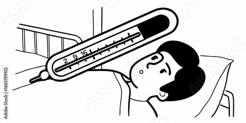 Person lying in bed with a thermometer under their arm in black and white line drawing style art on transparent background