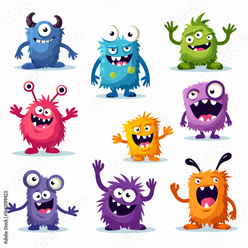 Cartoon baby monsters, face templates. Screaming aliens and halloween mutants, eyes and teeth, scary horn animal toys, super funny heads. Nursery design, vector tidy flat illustration