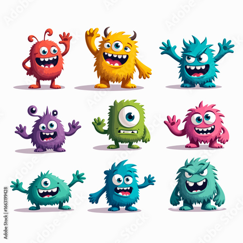 Cartoon baby monsters, face templates. Screaming aliens and halloween mutants, eyes and teeth, scary horn animal toys, super funny heads. Nursery design, vector tidy flat illustration