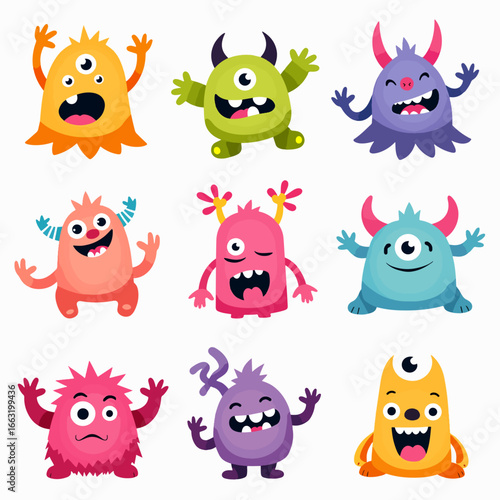Cartoon baby monsters, face templates. Screaming aliens and halloween mutants, eyes and teeth, scary horn animal toys, super funny heads. Nursery design, vector tidy flat illustration