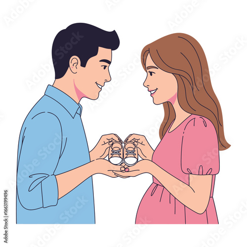 Joyful Anticipation: A tender moment unfolds as a couple, radiant with happiness, lovingly examines a pair of tiny baby shoes, symbolizing the imminent arrival of their newborn child. 