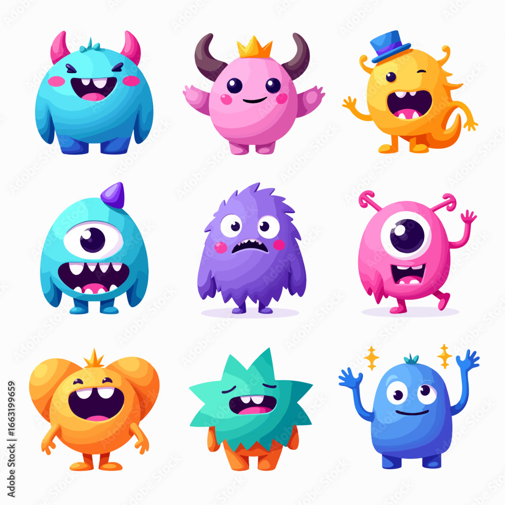 Fototapeta premium Set of cute and colorful cartoon monsters in simple shapes. Fun and playful characters ideal for children’s designs, educational materials, stickers, and party decorations. 