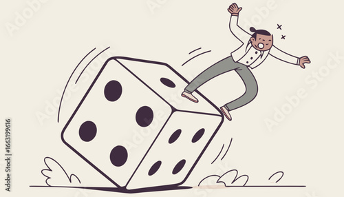 a mini greedy investor man dare trying to standing on a huge spinning unstable dice trying to stable himself