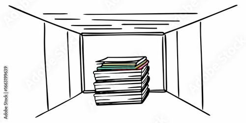 Stack of books in a cubby hole with white walls and a white ceiling with black stripes is shown on transparent background