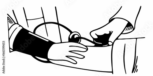 Illustration of a doctor examining a patient's arm with a stethoscope and blood pressure cuff applied on transparent background