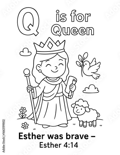 letter q with queen esther 4 14 esther was brave concept of christian coloring page vector illustration bible alphabet sunday school activity scripture story learning for children