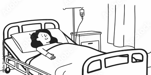 Woman lying in a hospital bed with an iv drip and a bedside table in a black and white drawing style on transparent background