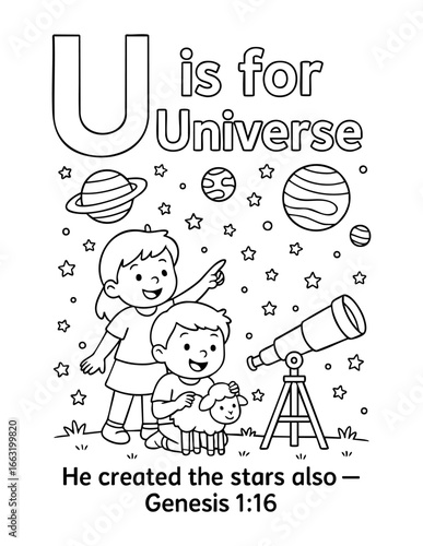 letter u with universe genesis 1 16 he created the stars christian coloring page vector illustration bible alphabet sunday school activity scripture learning for children