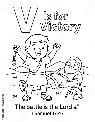 letter v with victory david and goliath 1 samuel 17 47 christian coloring page vector illustration bible alphabet sunday school activity scripture learning for children