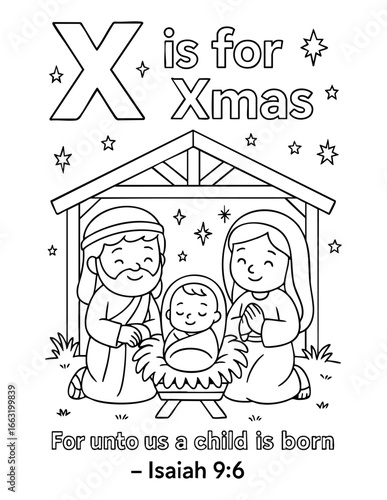 letter x with xmas nativity isaiah 9 6 christian coloring page vector illustration bible alphabet kids activity scripture jesus birth mary joseph manger christmas story