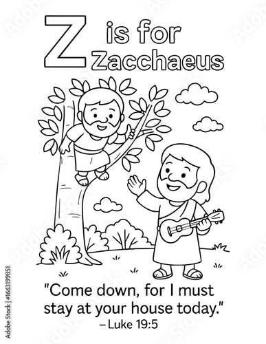 letter z zacchaeus luke 19 5 christian coloring page vector illustration bible alphabet kids activity jesus story come down stay at your house today christian alphabet learning