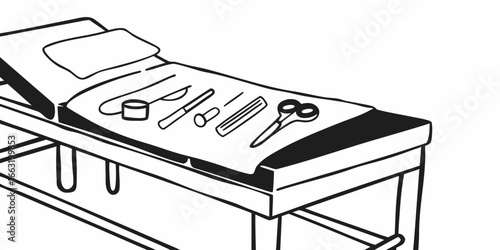 Medical examination table with pillow and surgical instruments in black and white illustration on transparent background