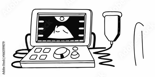 Illustration of a sonogram machine displaying an image with a probe and a partial limb shown on transparent background