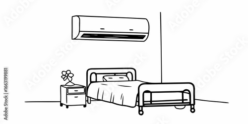 Illustration of a hospital room with a bed nightstand air conditioner and flower in black and white style on transparent background