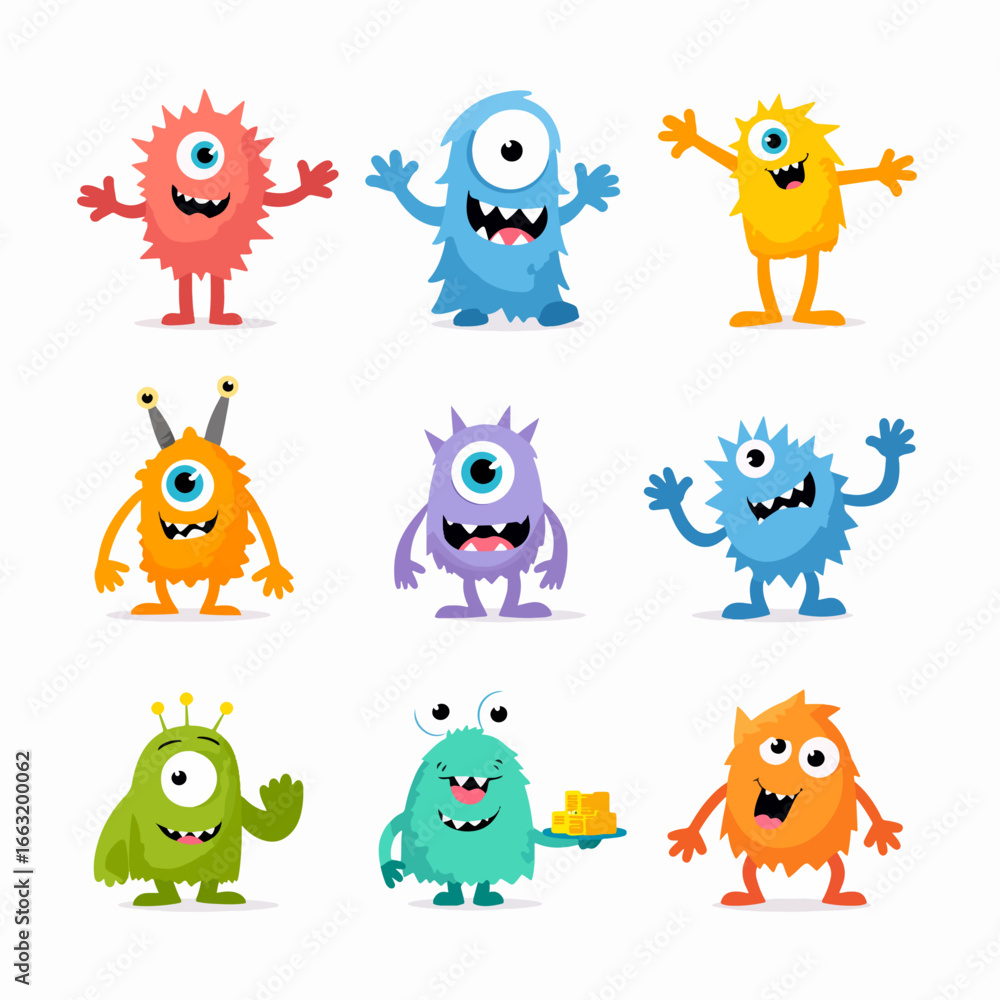 Naklejka premium Set of cartoon colorful monsters. Childrens illustrations.