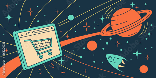 Online Shopping in Outer Space Illustration