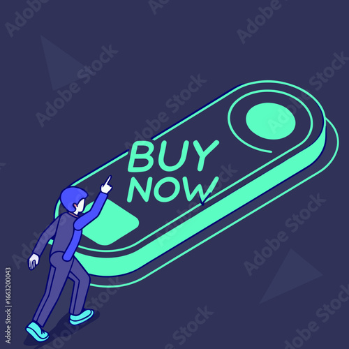 Person pointing to a Buy Now button, isometric illustration