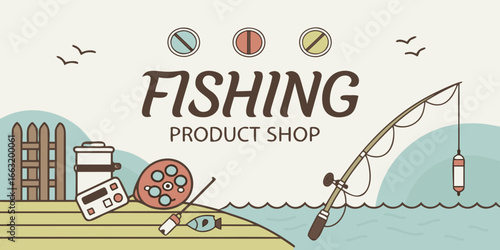 Fishing product shop concept illustration with fishing rod and equipment 