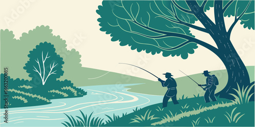 Two people fishing in a scenic river landscape illustration