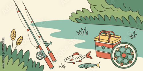 Fishing gear setup beside the lakeside
