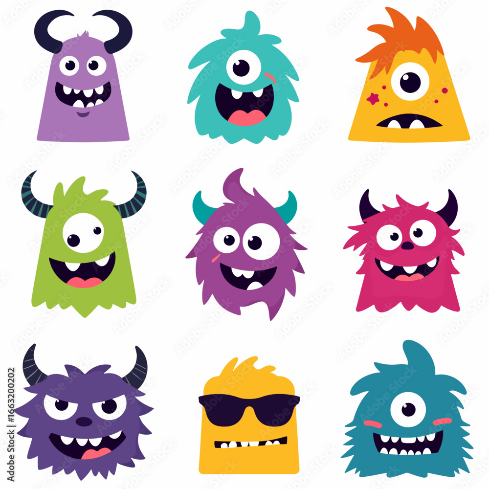 Fototapeta premium Funny monsters. Blob shape creatures with silly 3D faces, color jelly monsters vector illustration set of monster happy childish, slimy and sticky blob, cartoon cute