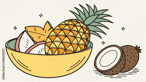 Tropical fruit arrangement in a bowl on the table 