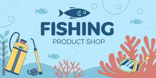 Fishing product shop design with underwater elements and equipment