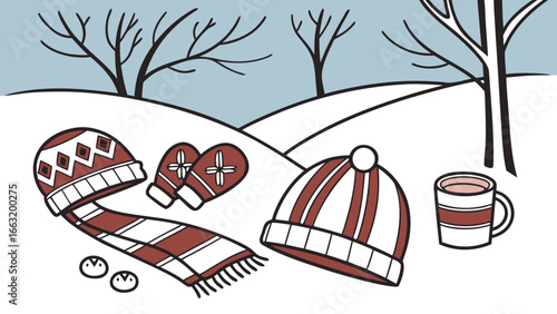 Winter essentials: scarf, gloves, hat, and a warm drink on a snowy day
