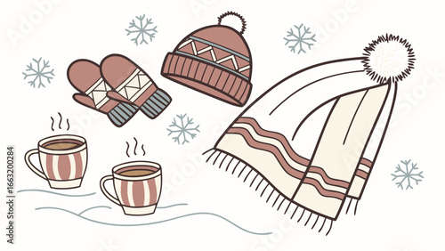 Cozy winter accessories with hot drink in winter background