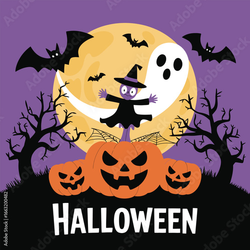 Halloween scene with scarecrow ghost bats and pumpkins on full moon october spooky