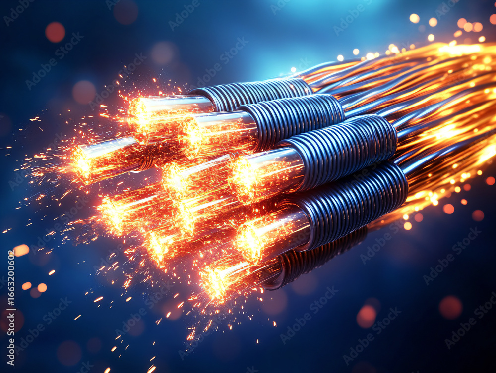 Fototapeta premium Connection of Optical fiber cable, Power electrical energy and lightning spark. 