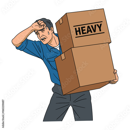 Stressed and burdened: A man is seen struggling under the weight of two heavy boxes. Expressing physical exertion and the struggle to bear the load.