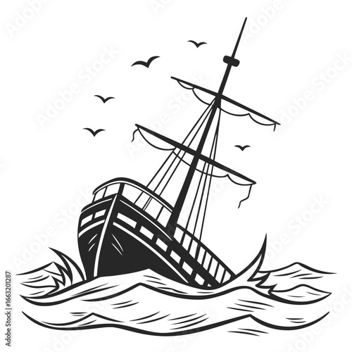 Shipwreck with broken mast silhouette